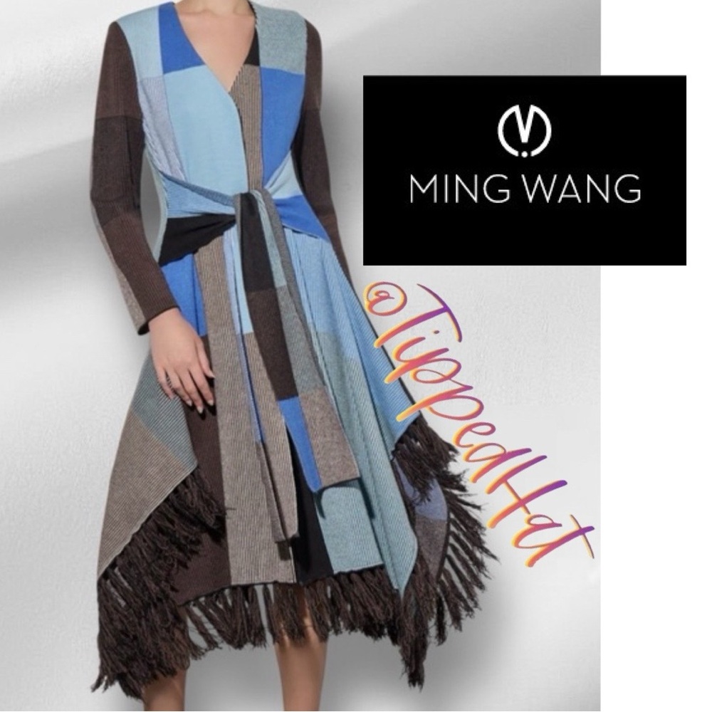 NWT $350 Ming Wang – Jacquard Fringe Tie-Waist Long Sleeve Midi Dress/Jacket
